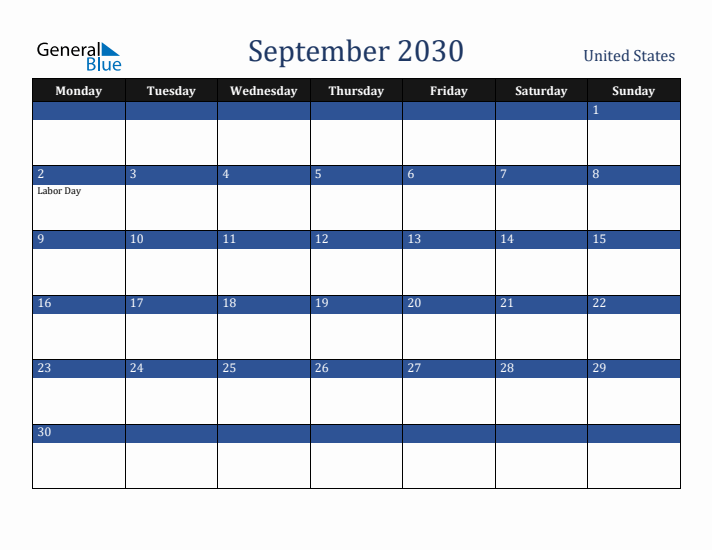 September 2030 United States Calendar (Monday Start)