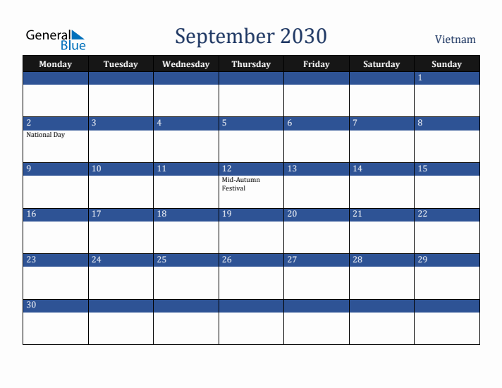 September 2030 Vietnam Calendar (Monday Start)