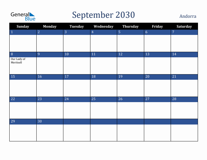 September 2030 Andorra Calendar (Sunday Start)