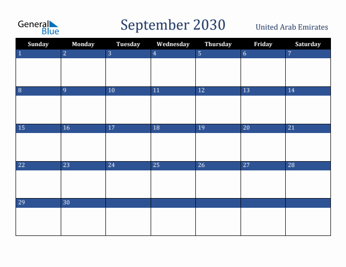 September 2030 United Arab Emirates Calendar (Sunday Start)