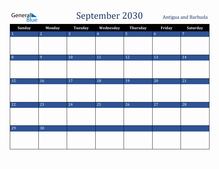 September 2030 Antigua and Barbuda Calendar (Sunday Start)