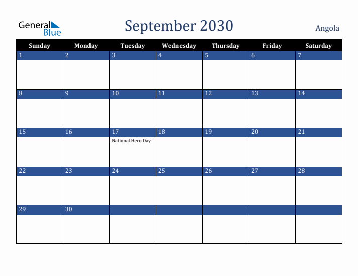 September 2030 Angola Calendar (Sunday Start)
