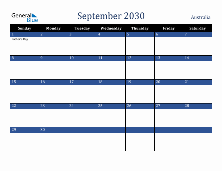 September 2030 Australia Calendar (Sunday Start)