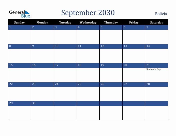 September 2030 Bolivia Calendar (Sunday Start)