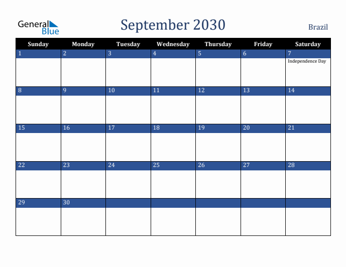 September 2030 Brazil Calendar (Sunday Start)