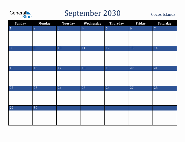 September 2030 Cocos Islands Calendar (Sunday Start)