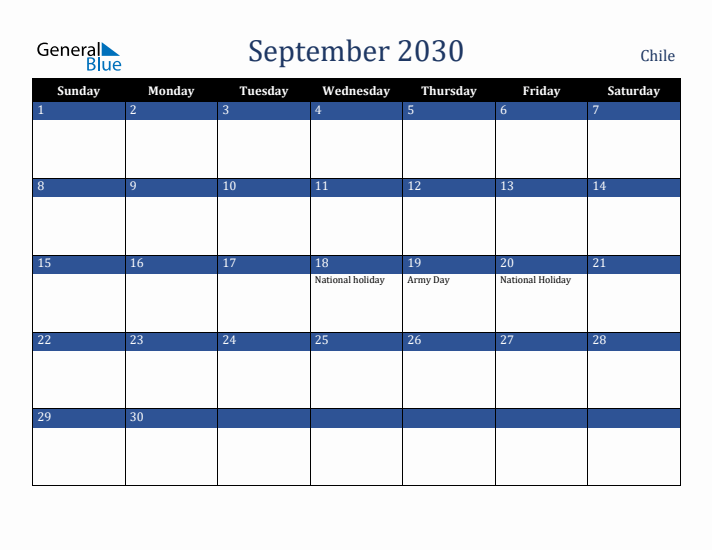 September 2030 Chile Calendar (Sunday Start)