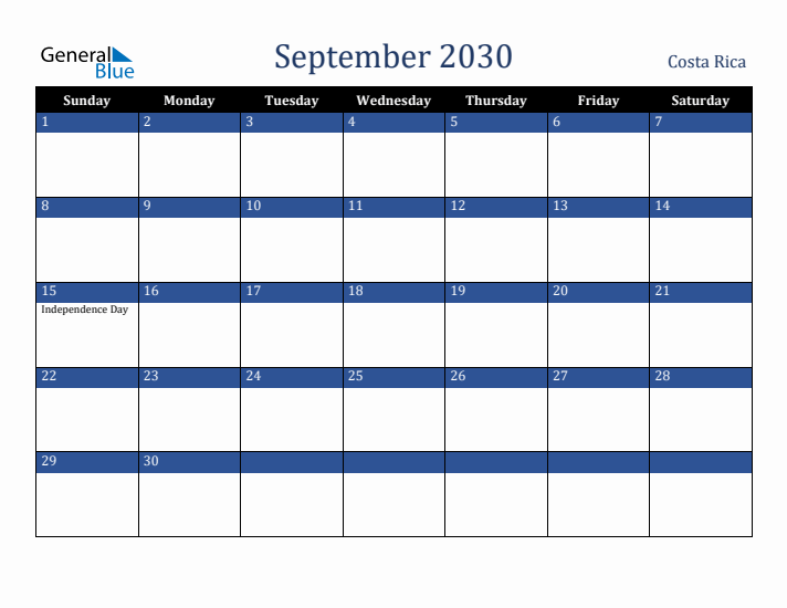 September 2030 Costa Rica Calendar (Sunday Start)