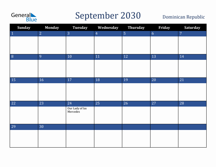 September 2030 Dominican Republic Calendar (Sunday Start)