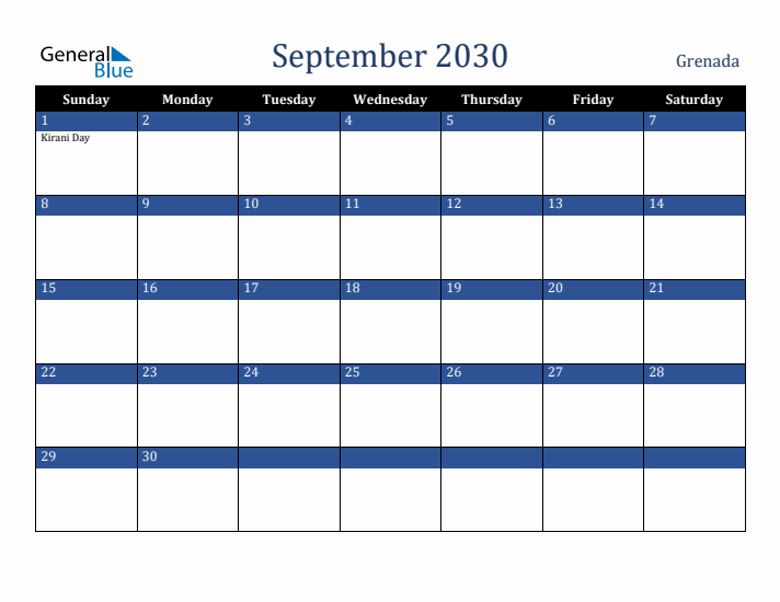 September 2030 Grenada Calendar (Sunday Start)