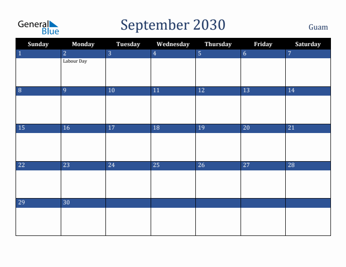 September 2030 Guam Calendar (Sunday Start)