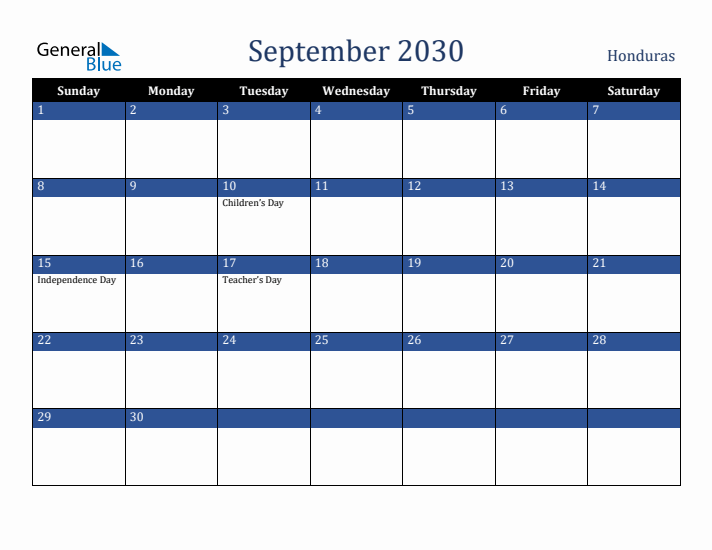 September 2030 Honduras Calendar (Sunday Start)