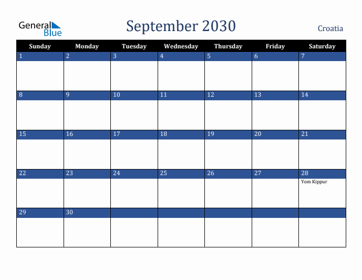 September 2030 Croatia Calendar (Sunday Start)