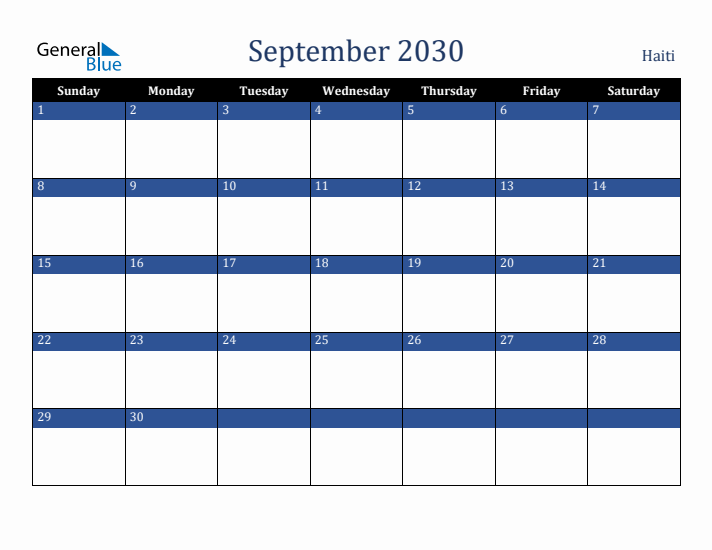 September 2030 Haiti Calendar (Sunday Start)