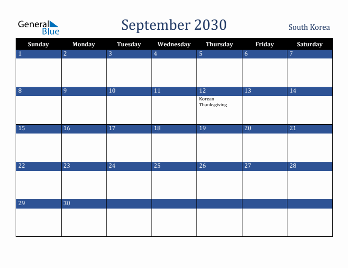 September 2030 South Korea Calendar (Sunday Start)