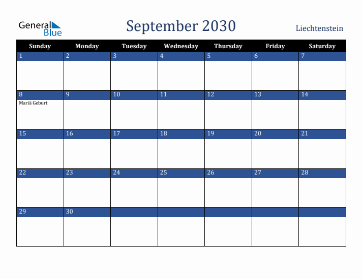 September 2030 Liechtenstein Calendar (Sunday Start)