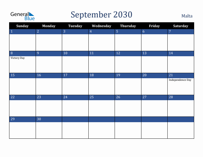 September 2030 Malta Calendar (Sunday Start)