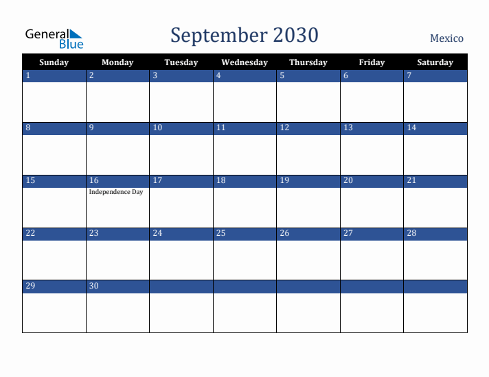 September 2030 Mexico Calendar (Sunday Start)