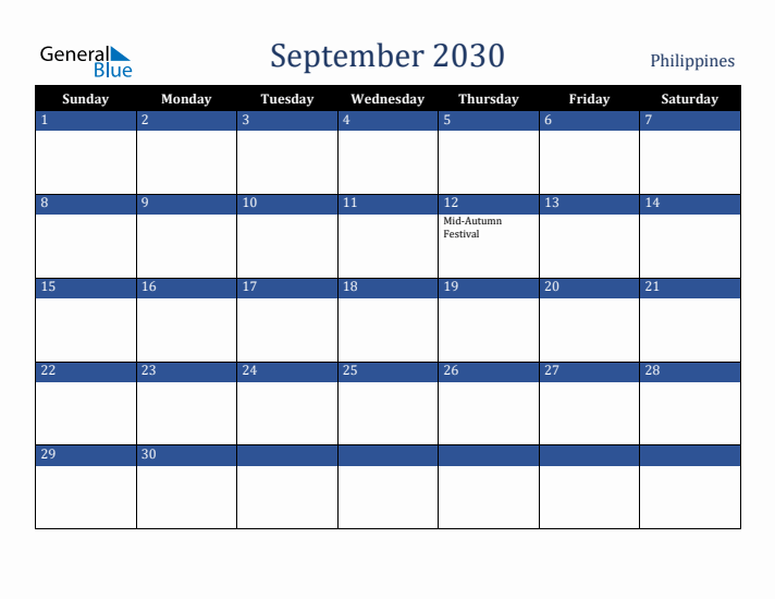 September 2030 Philippines Calendar (Sunday Start)