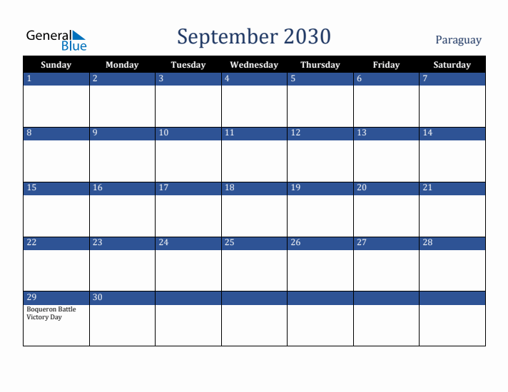 September 2030 Paraguay Calendar (Sunday Start)