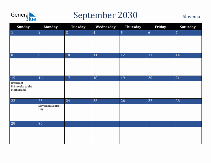 September 2030 Slovenia Calendar (Sunday Start)