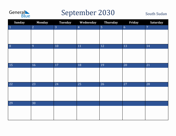 September 2030 South Sudan Calendar (Sunday Start)
