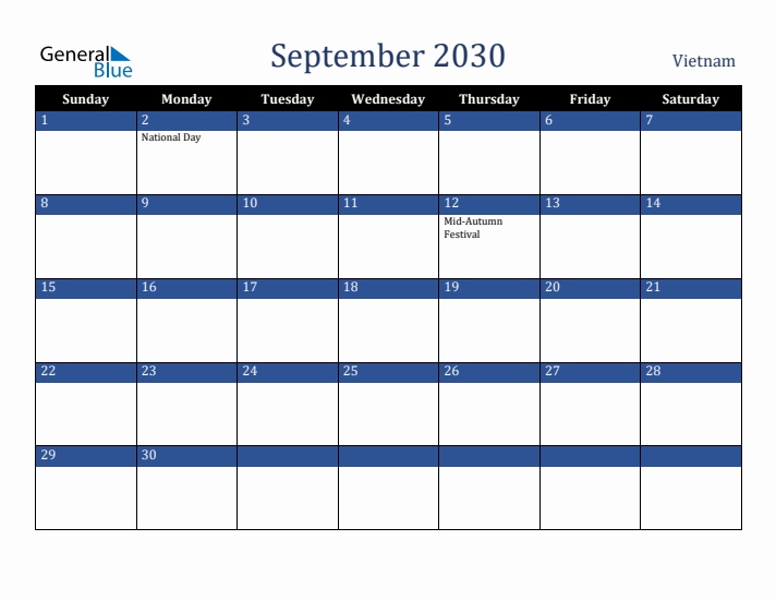 September 2030 Vietnam Calendar (Sunday Start)
