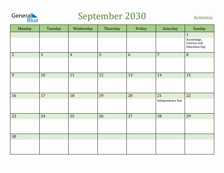 September 2030 Calendar with Armenia Holidays