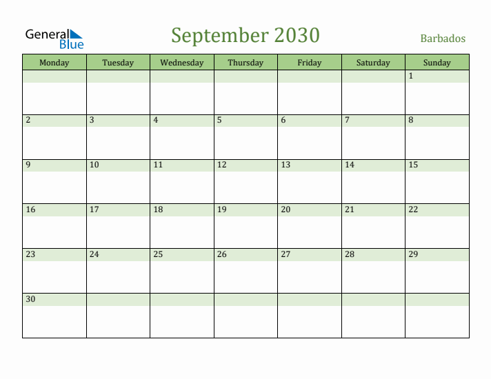 September 2030 Calendar with Barbados Holidays