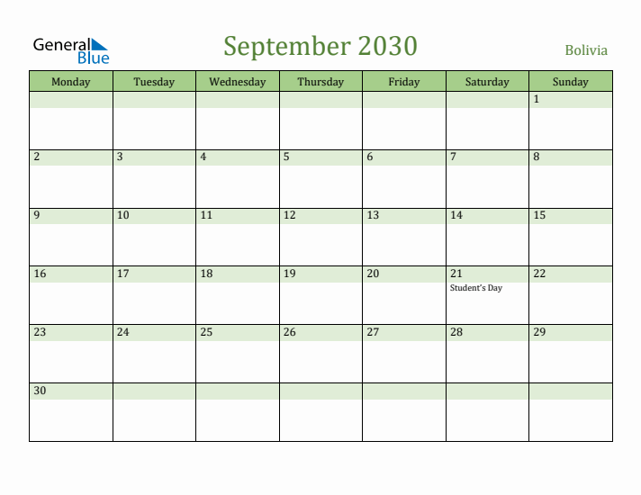 September 2030 Calendar with Bolivia Holidays
