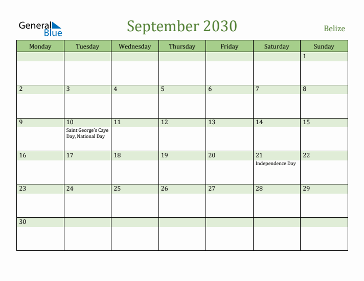 September 2030 Calendar with Belize Holidays