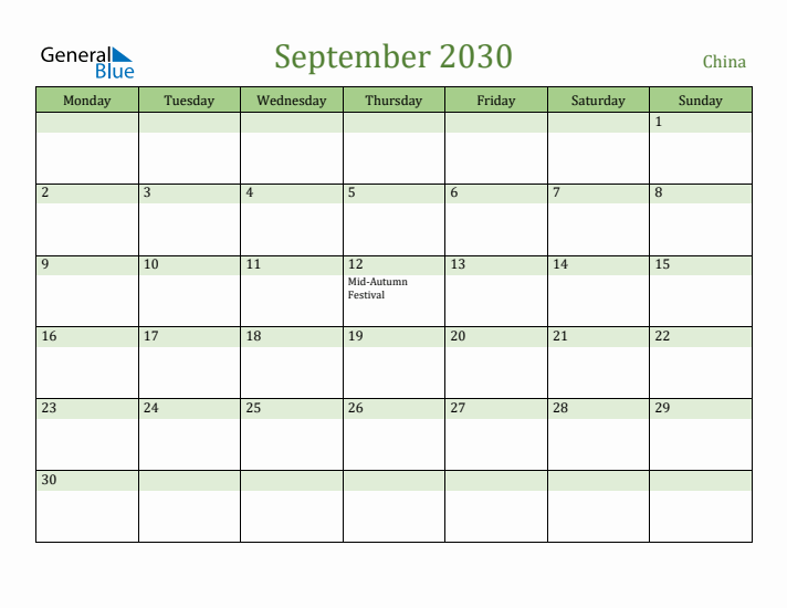 September 2030 Calendar with China Holidays