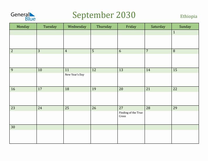 September 2030 Calendar with Ethiopia Holidays