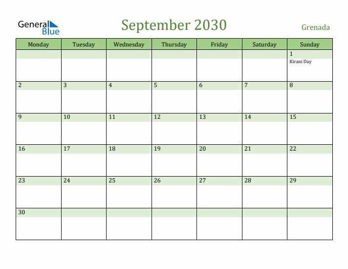 September 2030 Calendar with Grenada Holidays