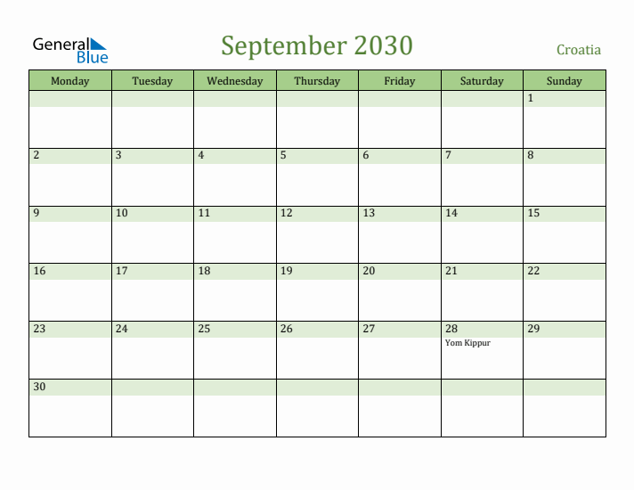 September 2030 Calendar with Croatia Holidays