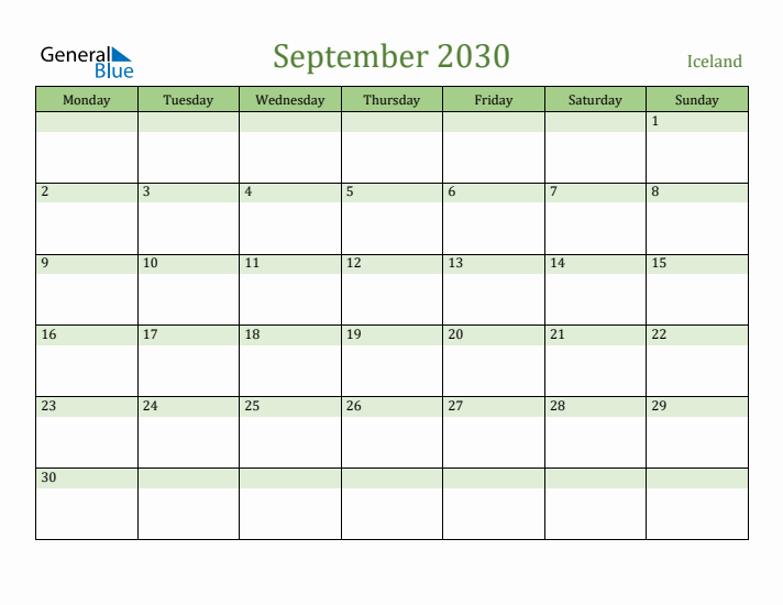 September 2030 Calendar with Iceland Holidays