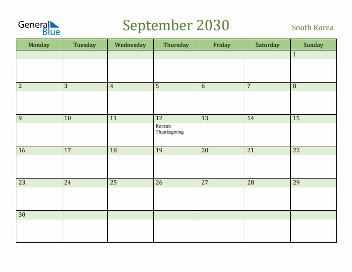 September 2030 Calendar with South Korea Holidays