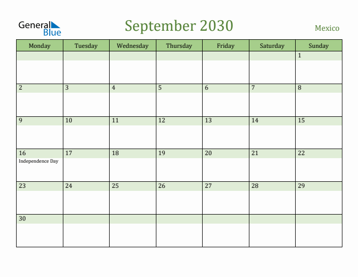 September 2030 Calendar with Mexico Holidays