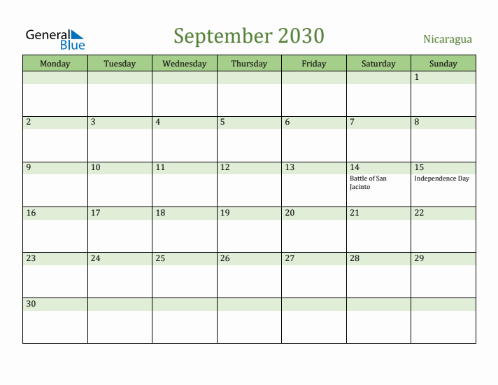 September 2030 Calendar with Nicaragua Holidays