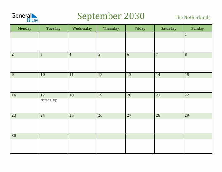 September 2030 Calendar with The Netherlands Holidays