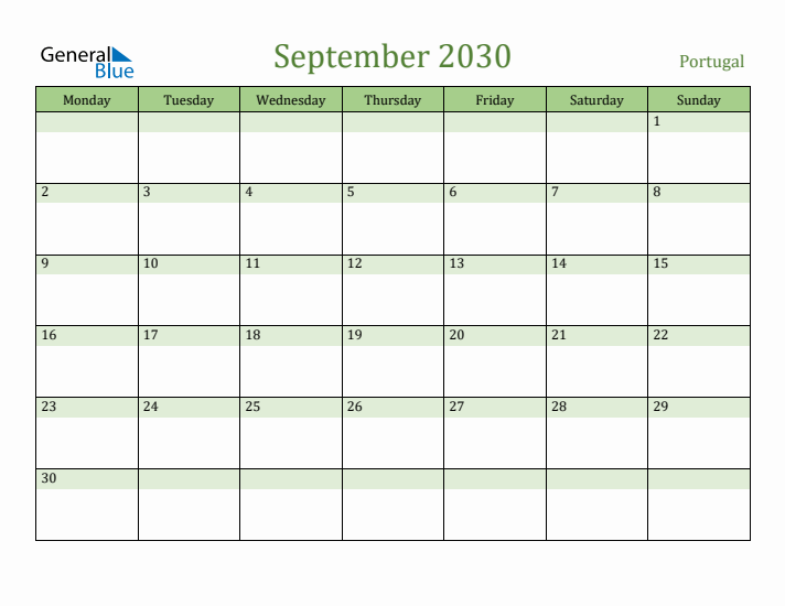 September 2030 Calendar with Portugal Holidays