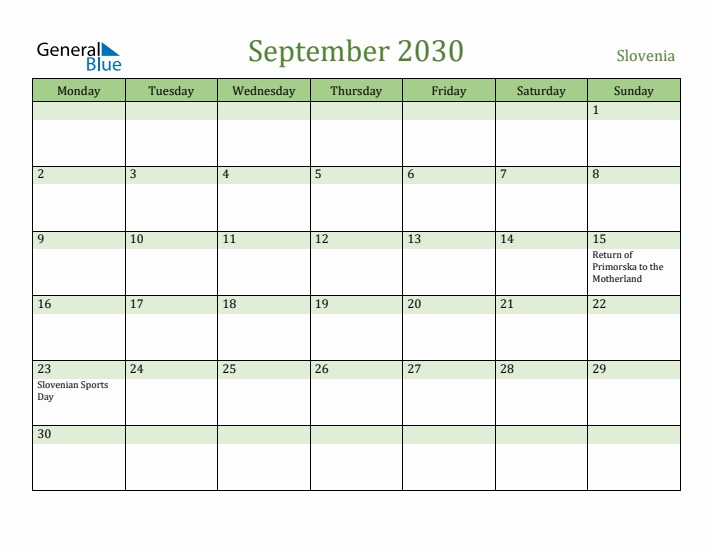 September 2030 Calendar with Slovenia Holidays
