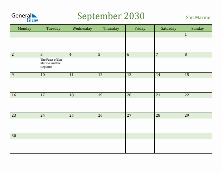 September 2030 Calendar with San Marino Holidays