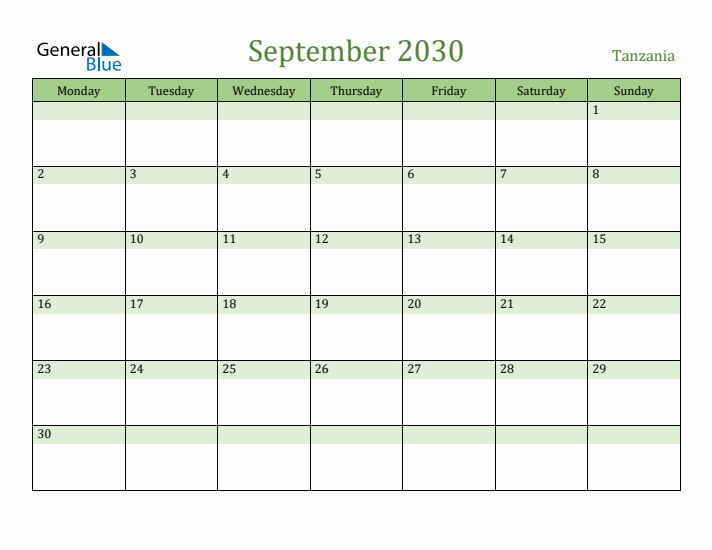 September 2030 Calendar with Tanzania Holidays
