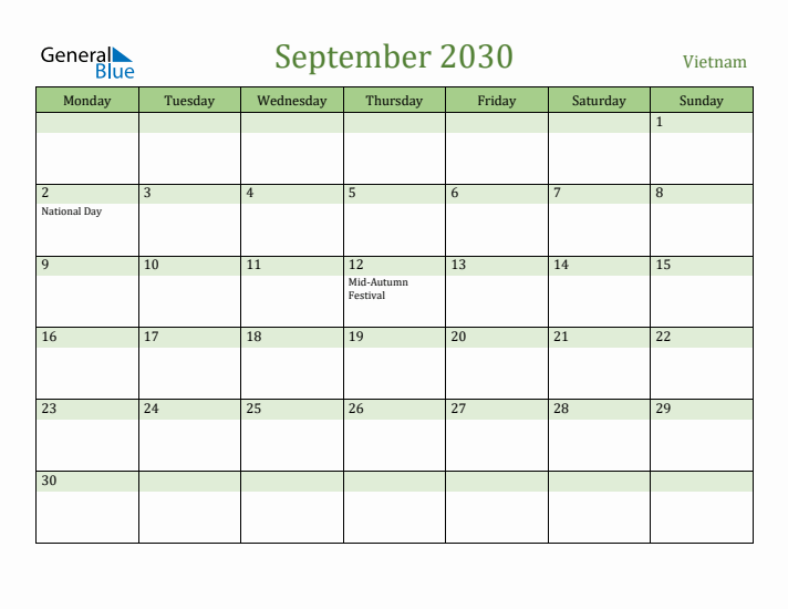 September 2030 Calendar with Vietnam Holidays