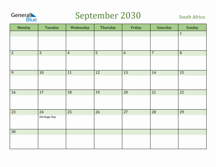 September 2030 Calendar with South Africa Holidays