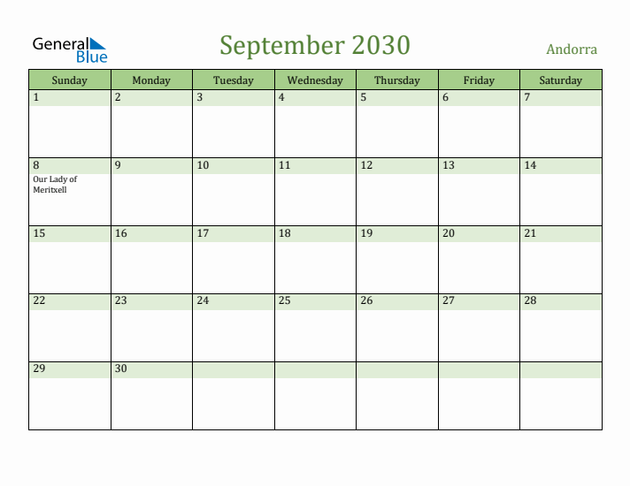 September 2030 Calendar with Andorra Holidays