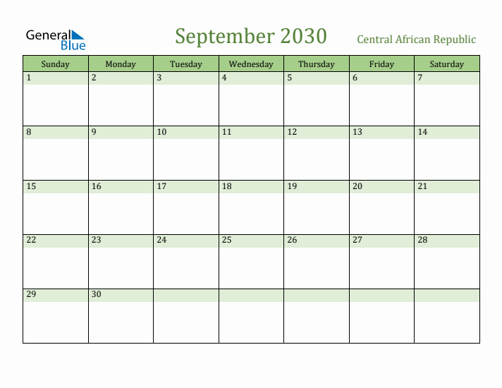 September 2030 Calendar with Central African Republic Holidays