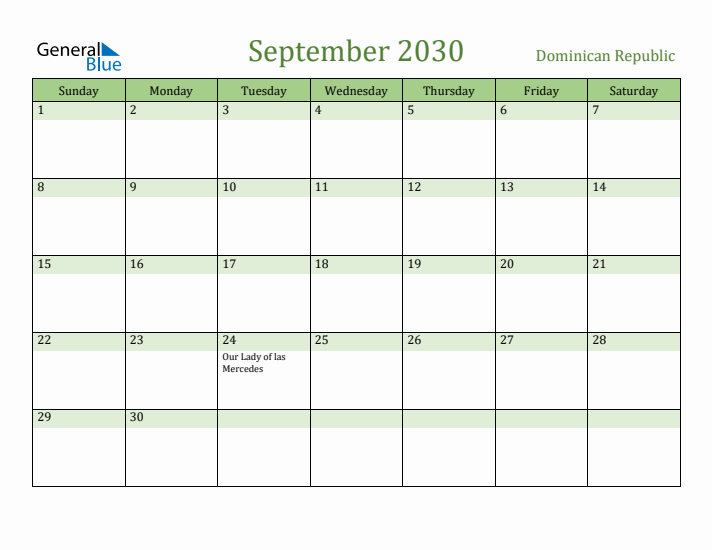September 2030 Calendar with Dominican Republic Holidays