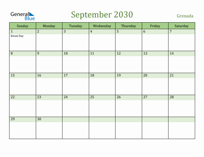 September 2030 Calendar with Grenada Holidays